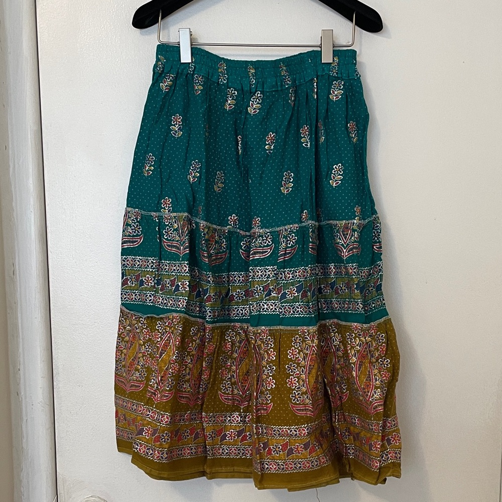 Boho Tiered Floral Midi Skirt in Teal and Olive